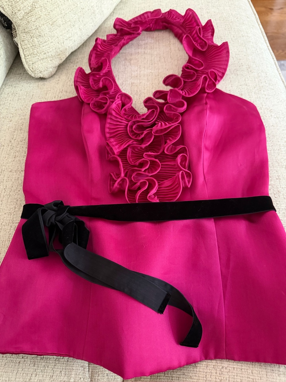 S.L. Fashions Fuchsia Ruffled Halter Top with Black Waist Tie
